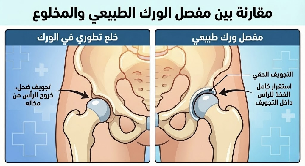 رسم توضيحي يقارن بين مفصل الورك الطبيعي والمخلوع