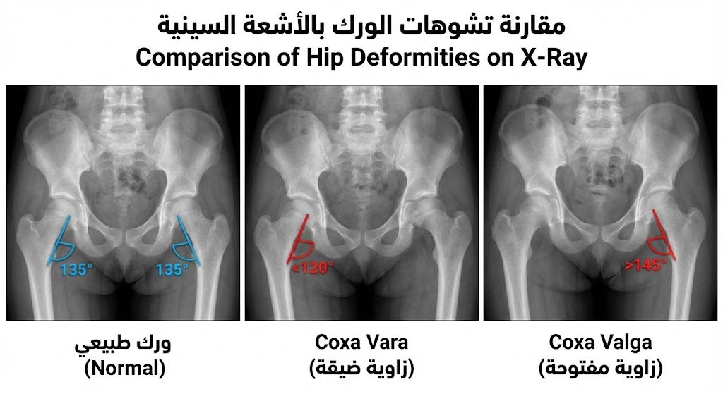        أشعة سينية لمقارنة الورك الطبيعي مع تشوهات مختلفة
  