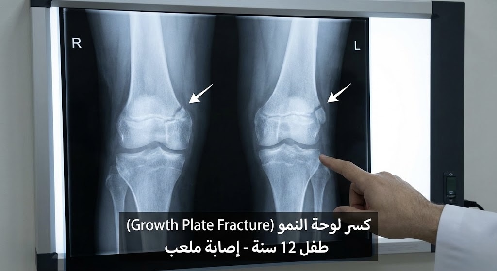 أشعة سينية توضح كسر في لوحة النمو عند طفل رياضي